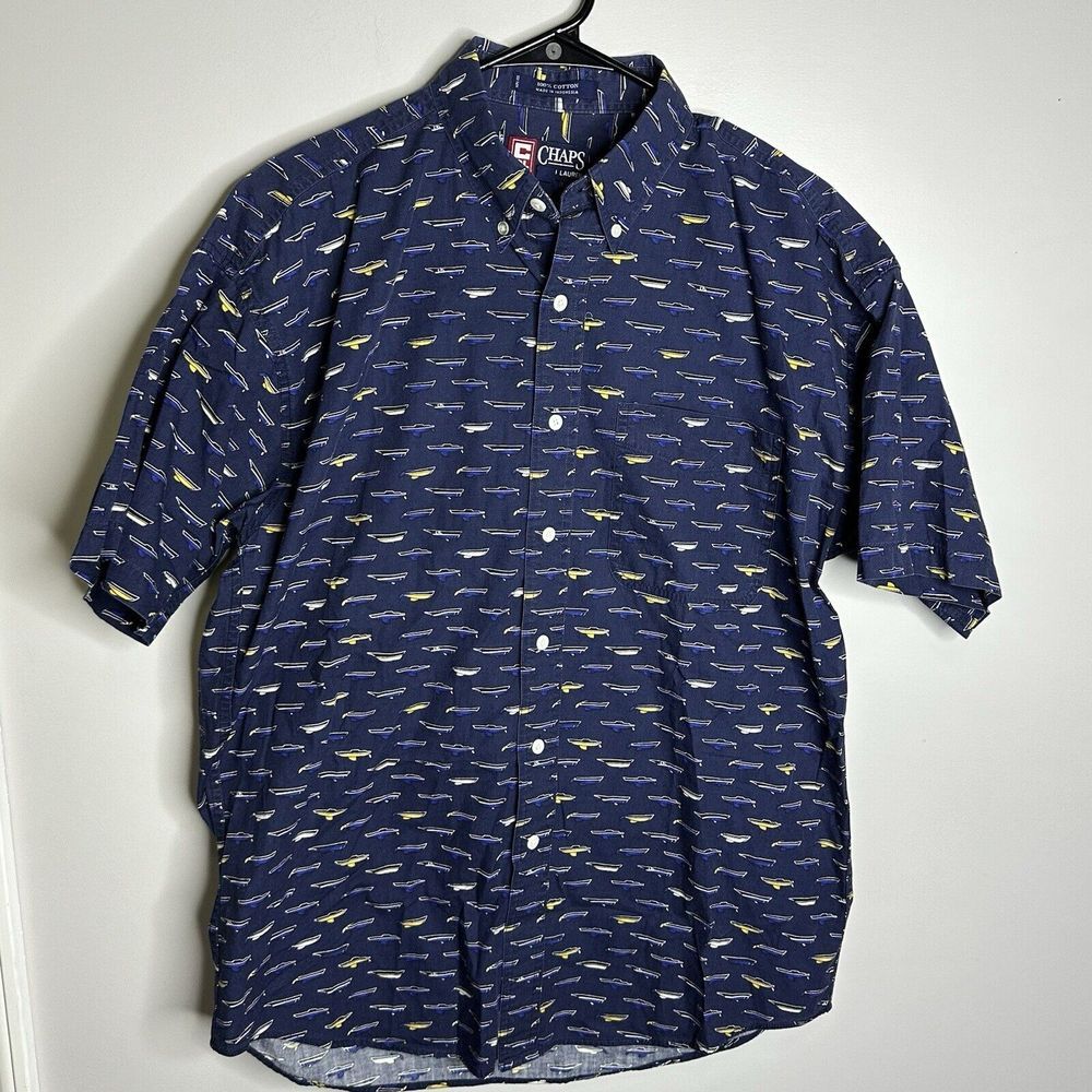 Mens Chaps Ralph Lauren Size Medium Blue Boat Short Sleeve Button Shirt Nautical